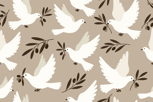 White peace doves flying with olive branches in their beaks form a beautiful seamless pattern on a tan backdrop.