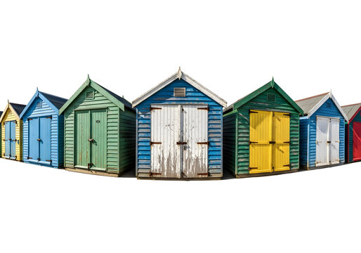 Colorful beach huts, row of small houses, white background, beach scene