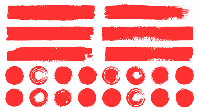 Red Grunge Paint Brush Stroke and Circle Stamp Vector Set