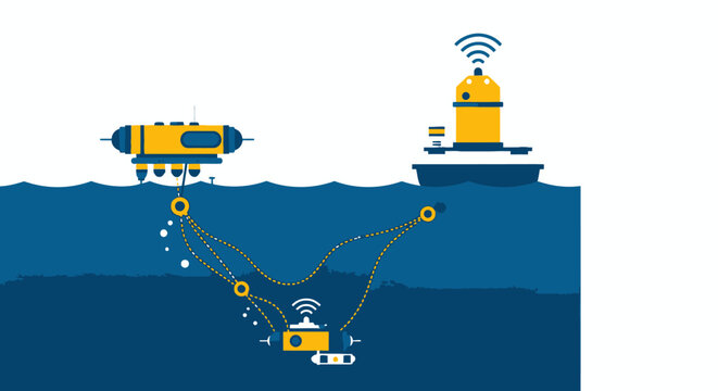Flat Vector Illustration of Autonomous Underwater Vehicles (AUV) and Marine Surface Buoy for Deep Sea Exploration and Ocean Data Communication