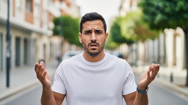 A young hispanic man looking confused with a gesture of not knowing anything