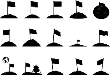 Moon flag planting silhouettes vector icon set isolated © raccoontail