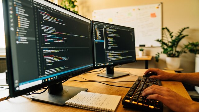 Professional Development programmer working in programming website a software and coding technology  writing codes and data code