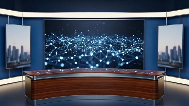 Broadcast studio with a futuristic news desk and cityscape screens displaying a network visualization.