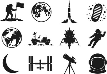 Space exploration astronaut moon silhouettes vector icon set isolated © raccoontail