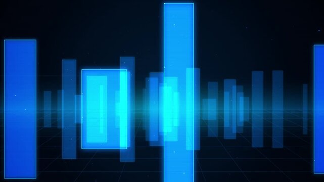 Abstract digital equalizer bars pulsing with blue light, representing audio spectrum analysis, sound waves, music visualization, and technology