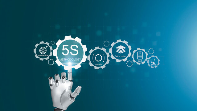 Robot hand touching 5S methodology concept on blue background.