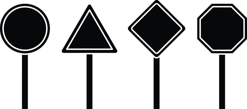 Blank Road Sign Board Template Icon Set with Circle Triangle Diamond and Octagon Shaped Warning Signs Isolated on White Background