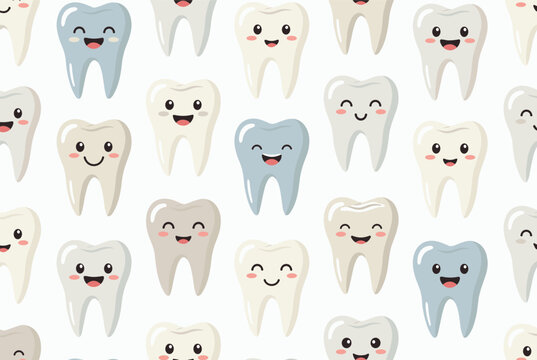 Seamless pattern of cute happy cartoon teeth with various smiling faces and pastel colors on a white background.