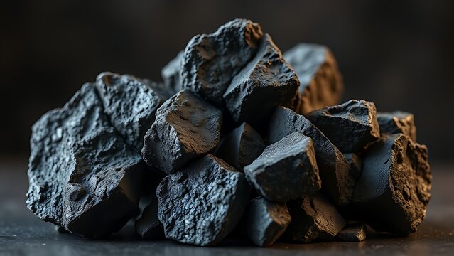 Sintered iron ore chunks with metallic sheen, industrial material close-up.
