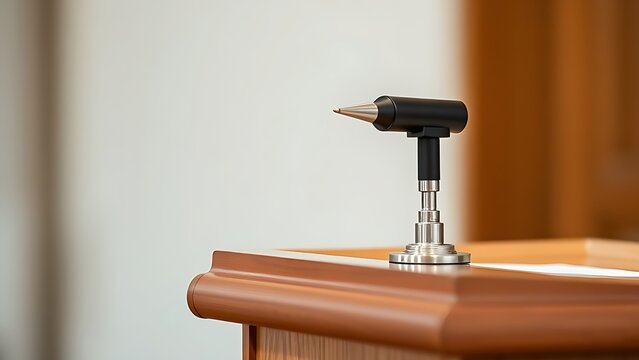 A telescopic pointer retracting on a wooden lectern with a blurred background.