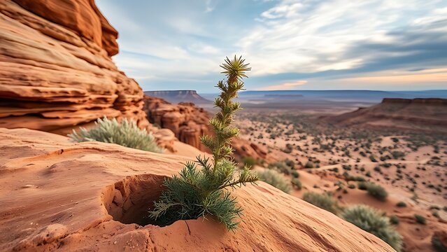 Resilient sagebrush plant growing from a crack in red sandstone under a desert sky.