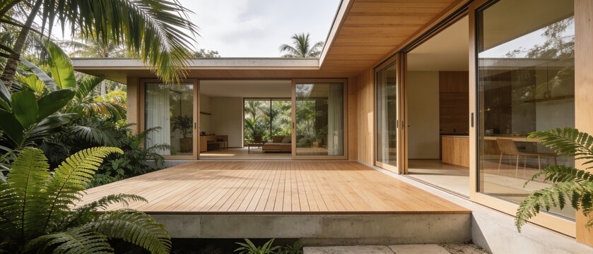 Modern luxury tropical villa featuring a spacious wooden deck and expansive glass walls amidst lush jungle greenery