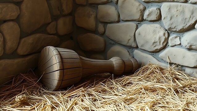 A rough wooden pillory in hay against a stone castle wall.