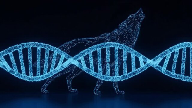 A glowing digital wolf silhouette standing before a bright blue dna strand