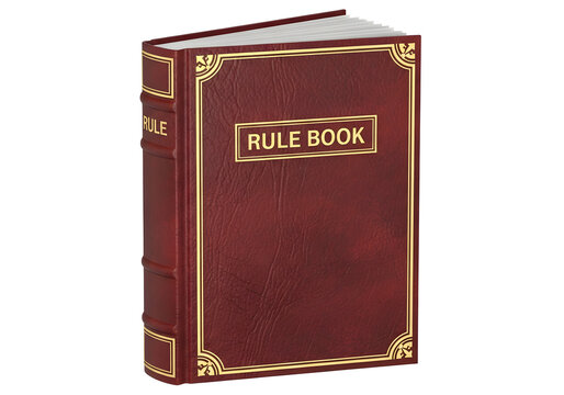 Red leather bound rule book with gold trim and golden text