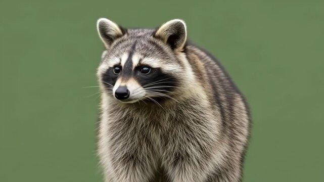 A close portrait of a curious common raccoon against a solid green background