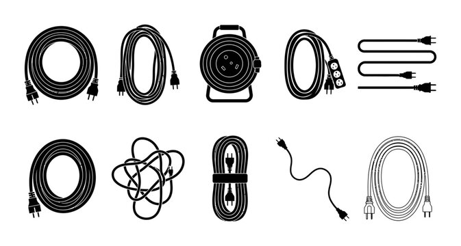 Electric Extension Cord Vector Collection Set Featuring Power Cables And Cable Reels In Black Silhouette Style
