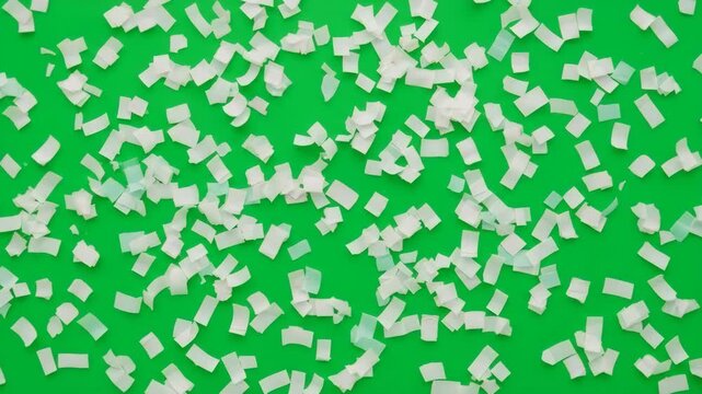 A vibrant top view of scattered white paper confetti on a green background