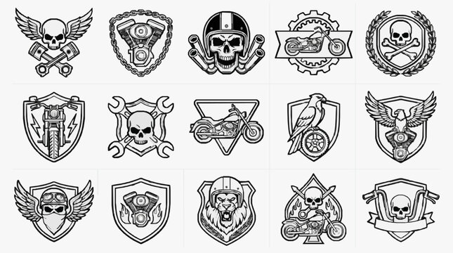 Creative Black and White Motorcycle Themed Emblem and Patch Design Collection Featuring Skulls Wings Engines and Symbols