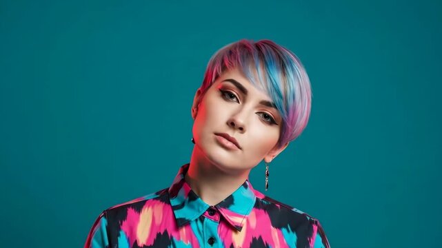 Portrait of a young woman with vibrant multicolored hair against teal background