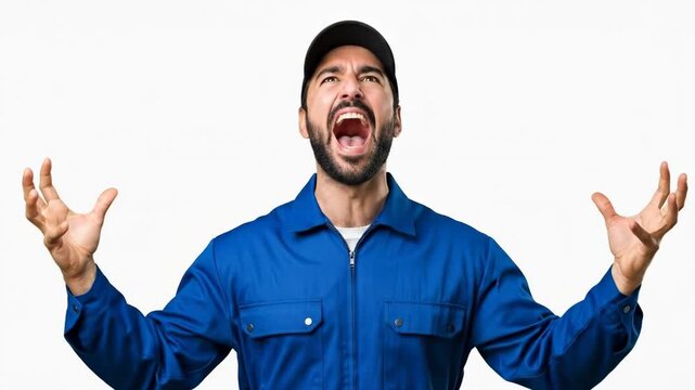 A frustrated male worker in blue uniform screaming with arms raised in air