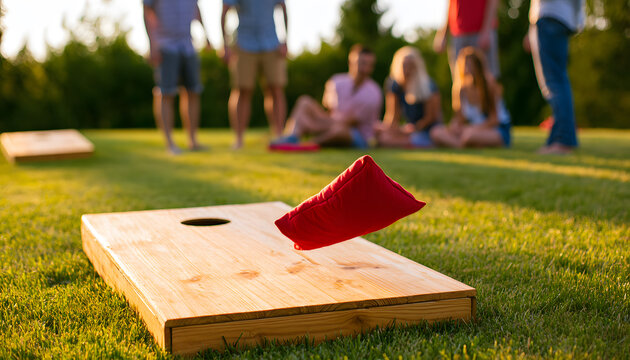 A red bean bag is soaring towards the hole on the wooden board. People are playing cornhole on the green lawn. Friends are relishing the enjoyable outdoor activity on a bright summer day.