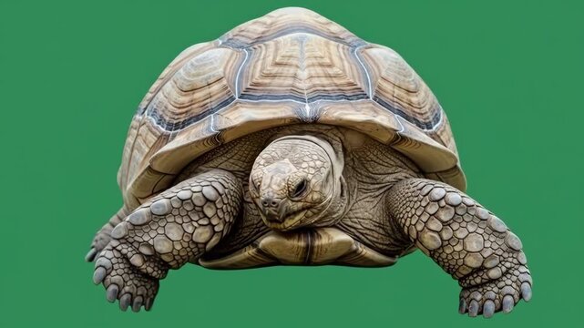 A detailed portrait of a majestic sulcata tortoise against a green background