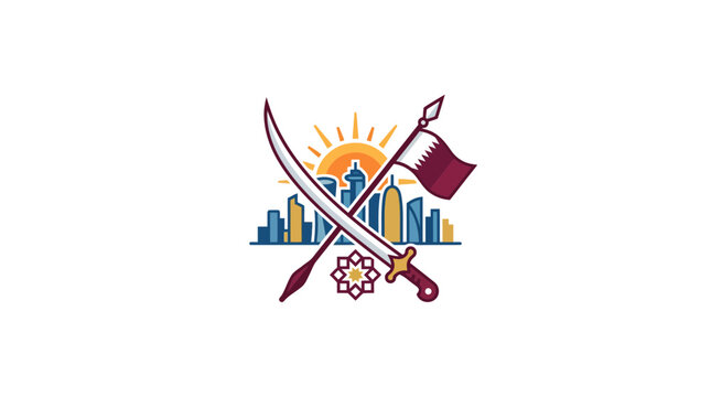 Qatar National Day Celebration: Crossed Swords, Flag, Skyline, Sun