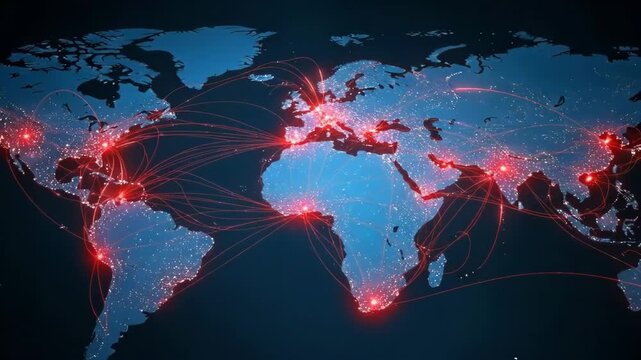 A digital map representing global data connectivity and network traffic flow