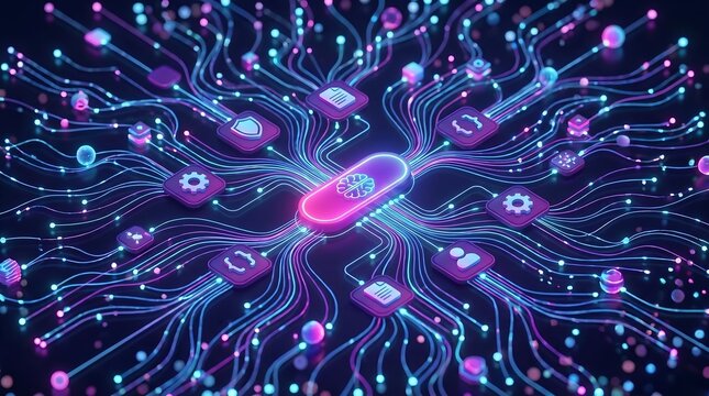 AI agentic workflow automation artificial intelligence agent software interface nodes triggers data tool dashboard coding icon flow process database technology 3d rendering.