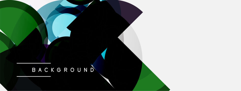 Abstract geometric shapes overlap, creating dynamic composition. Dark hues contrast with bright white space. Modern design element.