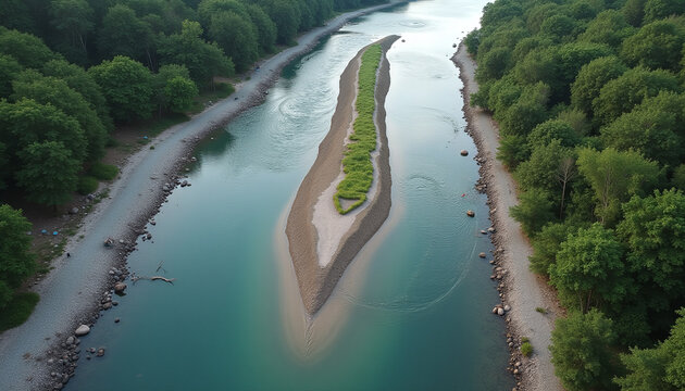 River current creating a temporary sediment plume where two natural channels reconnect