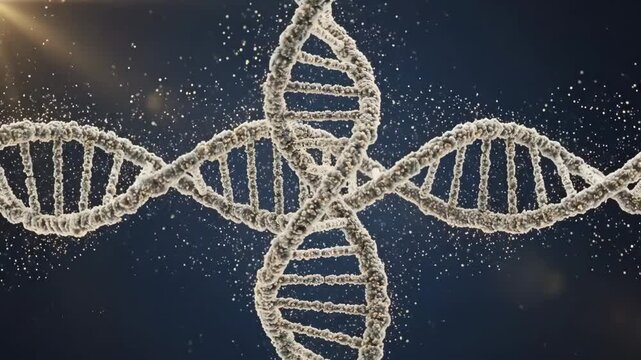 A double helix structure of dna floating in a dark microscopic background