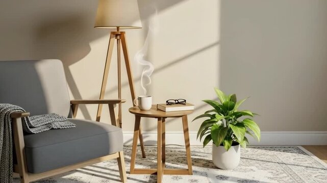 Minimalist living room corner with a comfortable chair and floor lamp