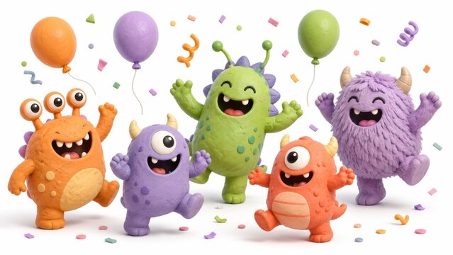 Five colorful, happy cartoon monsters celebrate with balloons and confetti, expressing joy and fun.