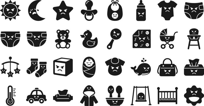 Funny Angry Baby Face Nursery Silhouette Icon Set Featuring Grumpy Newborn Essentials, Mad Toys, Temper Tantrum Diapers, Strollers, and Crib Symbols for Creative Designs