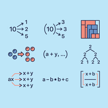 A set of mathematical concepts and equations illustrated with colorful icons