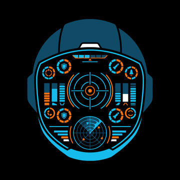 A futuristic helmet display shows complex data and targeting systems