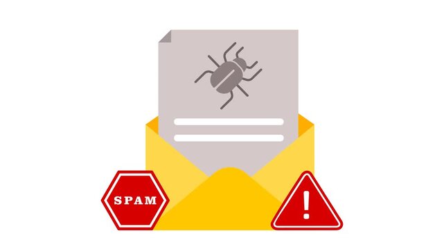 Email spam animation. Unsolicited bug email envelope with warning message. Malicious message and fraud mail.
