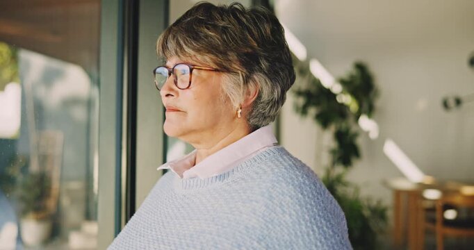 Thinking, window and senior woman in home with smile, contemplating and nostalgia. Retirement, elderly person and positive reflection in house with perspective, calm mindset and introspection