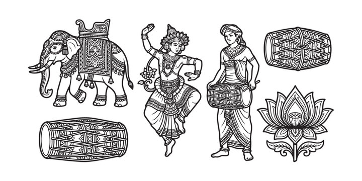 Sri Lankan Esala Perahera elements vector line art collection, Kandyan dancer, ceremonial elephant, traditional drummer, fire performer, Buddhist flag, minimalist black and white icon set