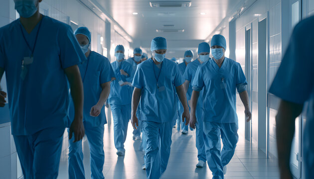Medical staffers traverse the hospital corridor. Doctors, their identities unseen, in blue uniforms traverse the hallway. Healthcare professionals confront staff shortages. Challenges abound in the me