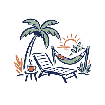 A hand-drawn illustration of a relaxing tropical beach vacation scene