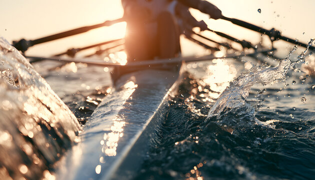 A rowboat glides across waters as the sun sets. Athletes row in sync, oars dip, creating splashes. The sunlight dances, showcasing teamwork and physical prowess. Outdoor activity, sports practice, com