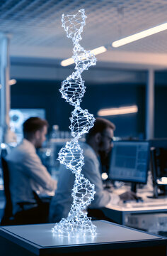 A contemporary lab features a glowing DNA helix sculpture. Scientists operate computers in a futuristic research facility. This is a biotech innovation, advancing genetic and medical sciences.