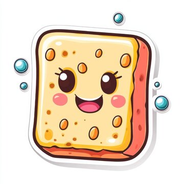 A cheerful, cartoon-style kitchen sponge character with a smiling face, blushing cheeks, and floating bubbles, presented as a vibrant, simple sticker design on a white background.