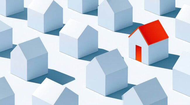 Single red-roof house standing out among uniform white houses representing real estate choice and uniqueness