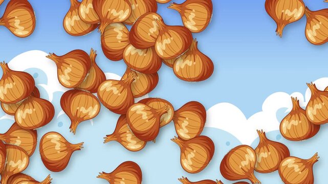 Animated Brown Onions Falling Against Blue Sky and White Clouds Background