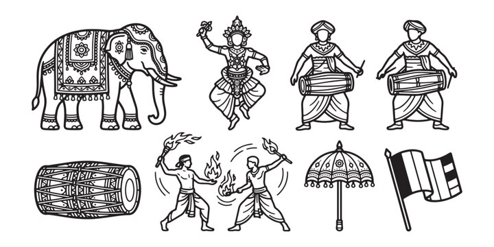 Sri Lankan Esala Perahera elements vector line art collection, Kandyan dancer, ceremonial elephant, traditional drummer, fire performer, Buddhist flag, minimalist black and white icon set